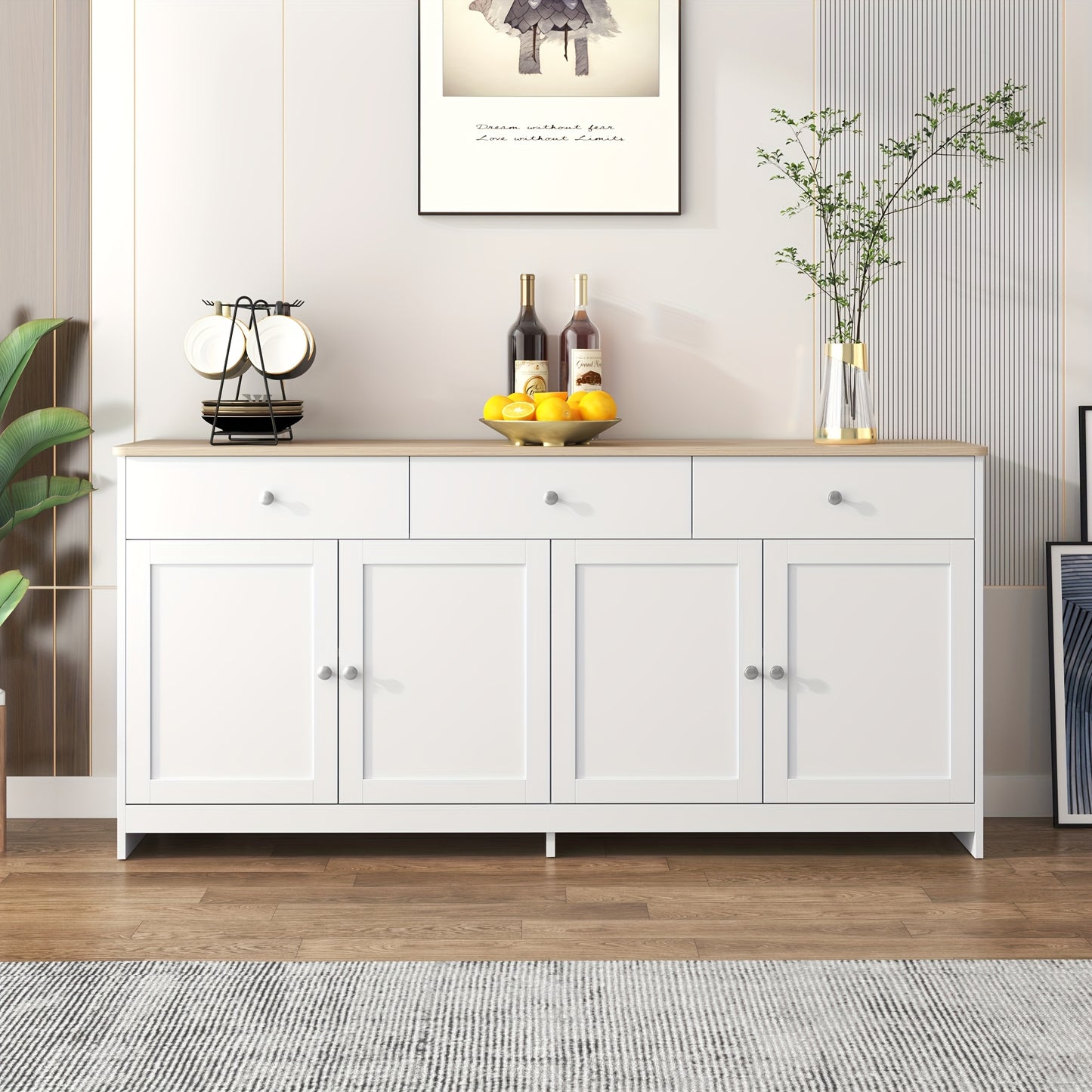 Sideboard, Sideboard, Organiser, Four Doors with Three Drawers, for Living And Dining Room. White, 160*37*75 Cm