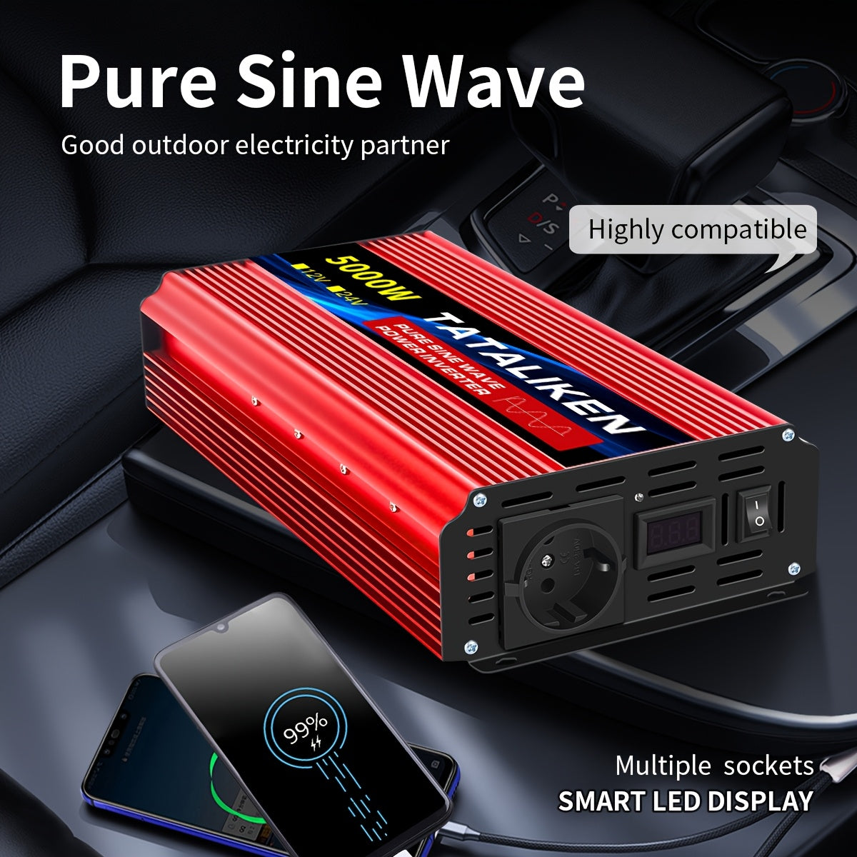Pure Sine Wave Power Inverter 5000W Peak Portable Car Inverter Power Supply 12V To 220V High Power Converter, Durable And High Capacity - Perfect For Trucks, Outdoors And Emergencies, Power Inverter, Without Battery