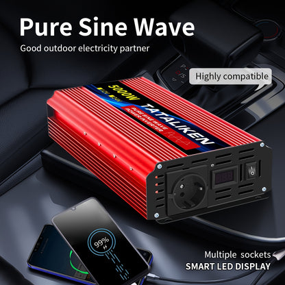Pure Sine Wave Power Inverter 5000W Peak Portable Car Inverter Power Supply 12V To 220V High Power Converter, Durable And High Capacity - Perfect For Trucks, Outdoors And Emergencies, Power Inverter, Without Battery