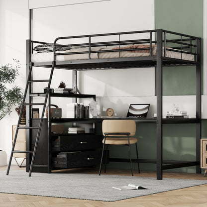 Hoogslaper Bed – Stapelbed – Studiebureau Bed – Ruimtebesparend Bed – Loft Bed Zwart – Stevig Metalen Frame – Ingebouwd L-Vormig Bureau