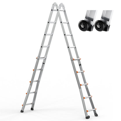 Telescopische A-Frame Ladder – Vouwladder – Uitklapbare Ladder – Steigerladder – Aluminium Ladder – Inklapbaar Compact – Draagkracht 150 kg – Dual-Wielen Voor Makkelijk Vervoer