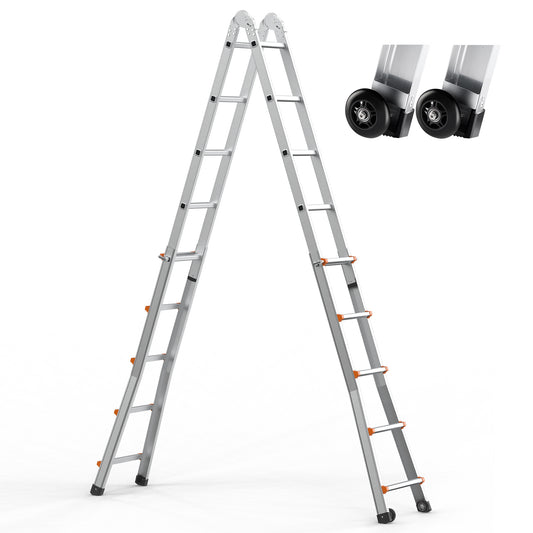Telescopische A-Frame Ladder – Vouwladder – Uitklapbare Ladder – Steigerladder – Aluminium Ladder – Inklapbaar Compact – Draagkracht 150 kg – Dual-Wielen Voor Makkelijk Vervoer