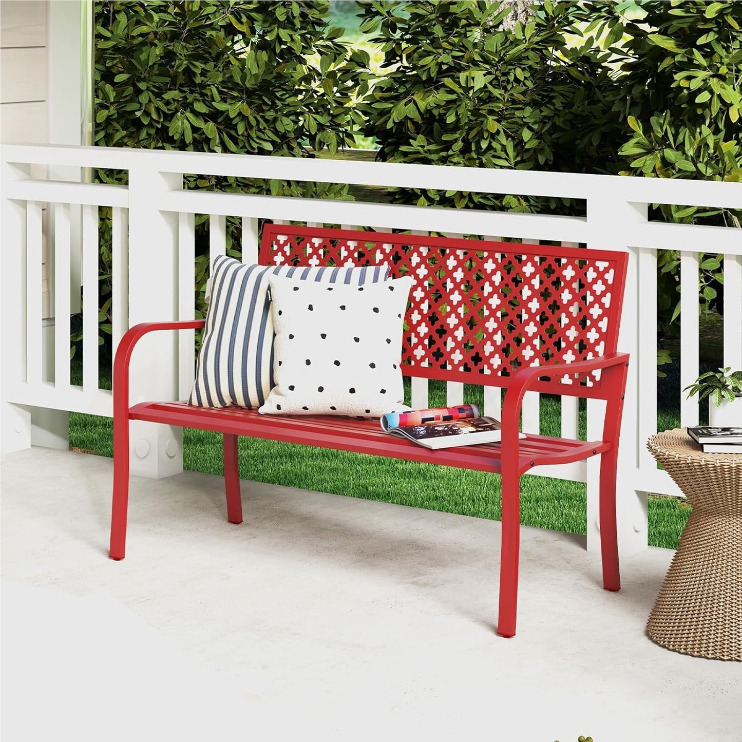 Tuinbank – Buitenbank – Parkbank – Loungebank – Metalen Bank – Rood Metalen Design – Weerbestendig Metalen Frame – Geschikt Voor 2-3 Personen – Draagkracht Tot 300 Kg