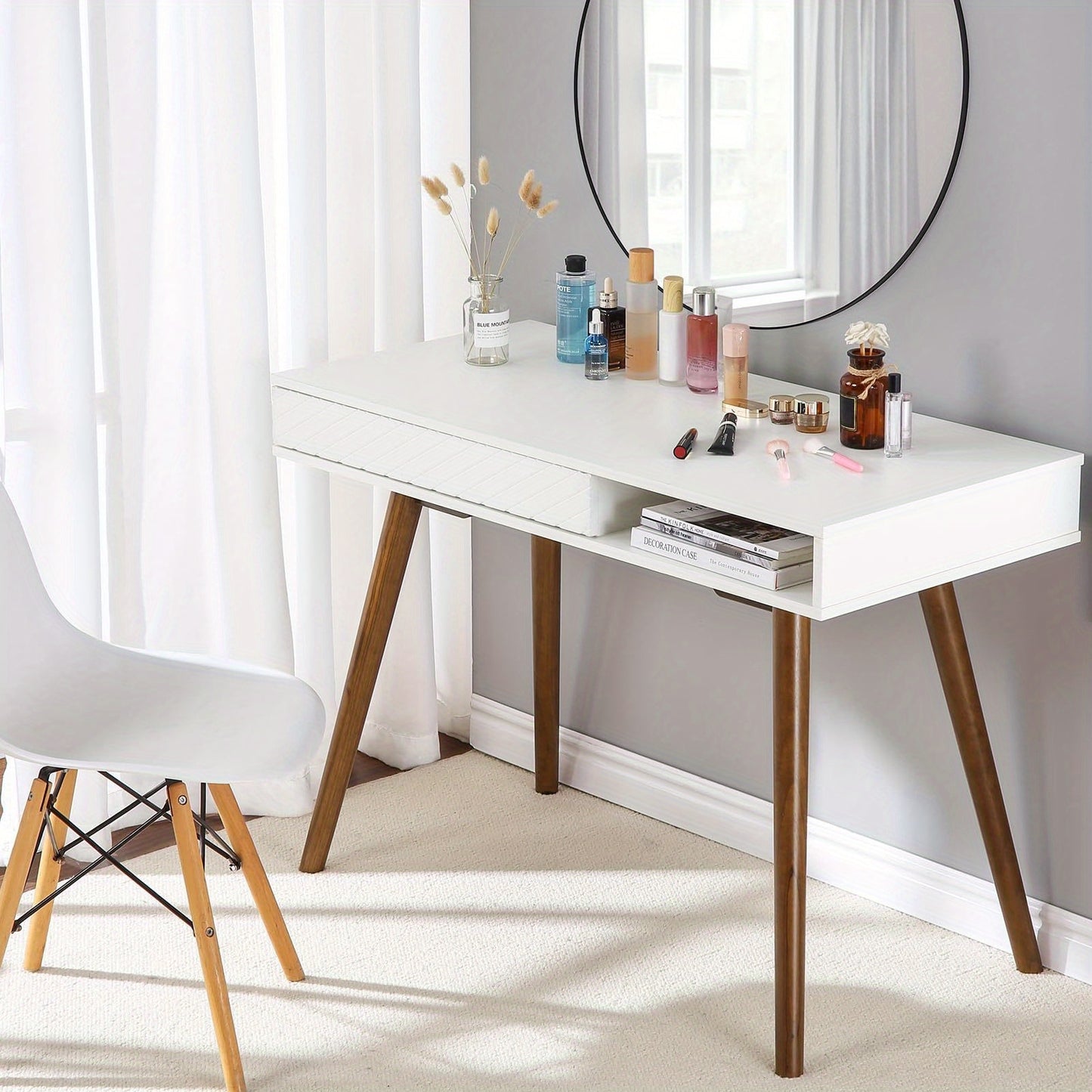 Bureau – Computertafel – Werkplek – Schrijftafel – Bureaumeubel – Modern Minimalistisch – Wit Metaal – Lade & Open Opbergruimte – 106,7 x 68,6 cm – Compact Ruimtebesparend Ontwerp - Wit