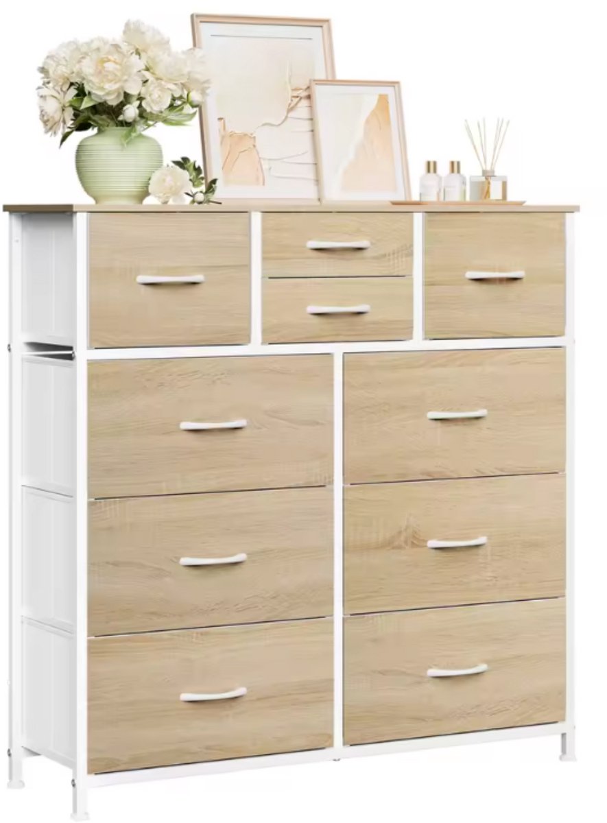 Ladekast met 8 Lades - Metalen Frame & Houten Top - Light Oak - Voor Slaapkamer, Woonkamer of Hal - Zijplank & Verstelbare Voetjes - Stabiel & Ruimtebesparend - 100x100x30 cm