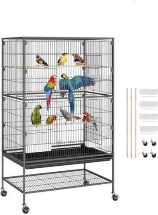 Vogelkooi - Parkietenkooi - Papegaaienkooi - Op wieltjes - Geschikt voor 2 tot 3 grote en grote vogels - Antislip - Met verwijderbare lade - Geschikt voor binnen en buiten - 79 x 51 x 132 cm