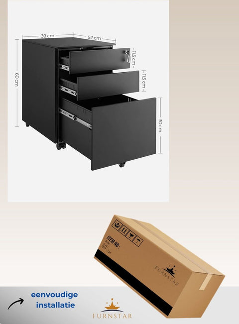 Ladeblok - Afsluitbare Lade - Metaal - 3 Lades - 39x52x60cm - Zwart