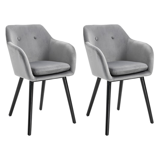 HOMCOM Dining Room Chairs Kitchen Chair Living Room Scandinavian Chairs - Set of 2 - Tapered Legs Black Wood - Grey Velvet