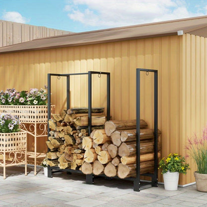 Vuurhoutrek – Houtopslag – Houtstapelrek – Houtdrager – Houtrek – Stalen Constructie – 200 kg Capaciteit – 2 Secties – Inclusief 3 Haken – Zwart – Binnen en Buiten