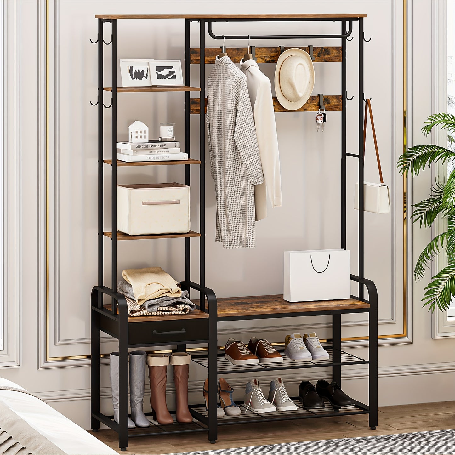 Hall Tree, Coat Rack With 3-Tier Storage Bench And 1 Drawer, 5-in-1 Entryway Bench With 17 Hooks, 1 Hanging Rod, 4-Tier Side Shelves, Rustic Brown