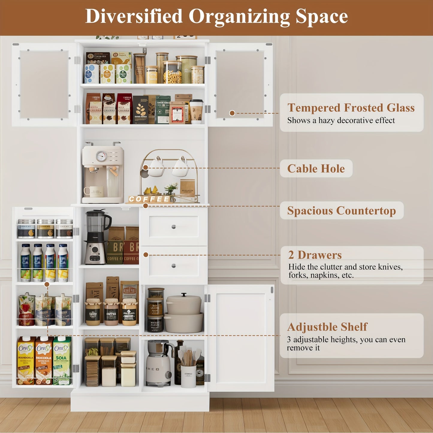 Keukenkast – Keukenbuffet – Opbergkast – Kast – Keukenmeubel – Wit – Matglas Deuren – 7 Verstelbare Planken – MDF – Ruim Werkblad 68,5 cm