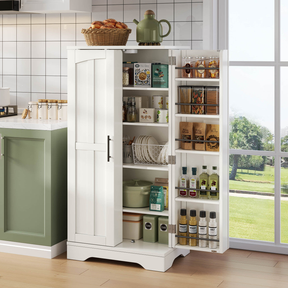 Large-Capacity Double-Door Storage Cabinet | Adjustable Shelves, Door Shelves, Suitable for Kitchens, Dining Rooms, or Living Rooms, White, Metal, Contemporary Style