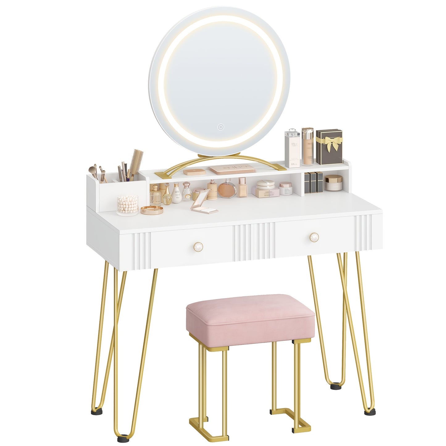 Make-up Tafel – Kaptafel – Dressoir – Make-up Bureau – Vanity – Mat Wit & Goud – LED Spiegel Met Verlichting – 40x90x140 cm – Inclusief Roze Krukje