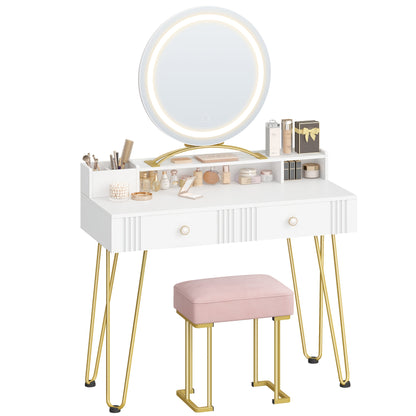 Make-up Tafel – Kaptafel – Dressoir – Make-up Bureau – Vanity – Mat Wit & Goud – LED Spiegel Met Verlichting – 40x90x140 cm – Inclusief Roze Krukje