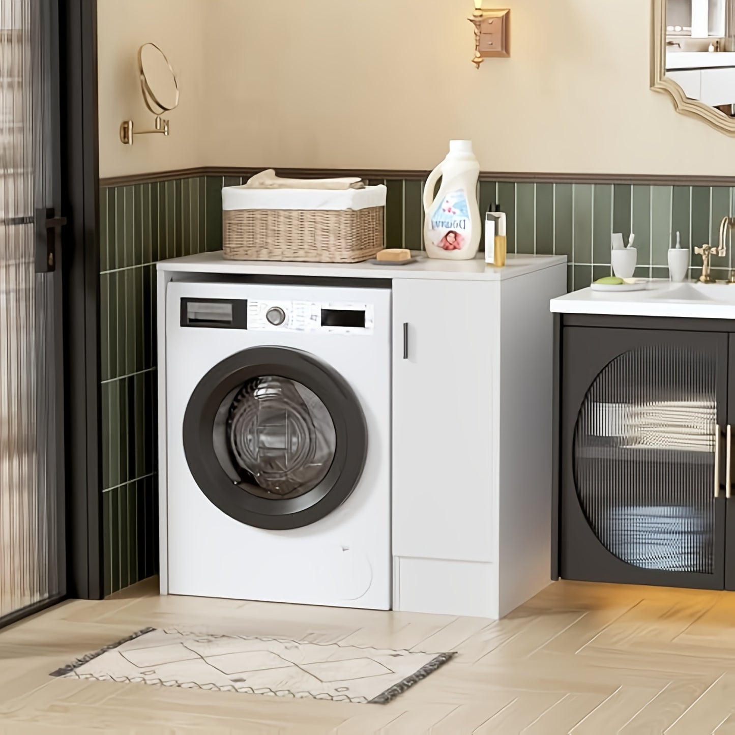 Wasmachinekast – Drogerkast – Wasdrogermeubel – Wasruimteopberger – Waskamerkast – Wit Houtdesign – 96x62x90 cm – Zijopbergruimte – Geluidsdempend