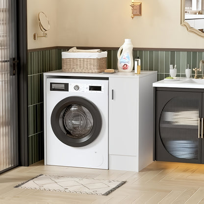Wasmachinekast – Drogerkast – Wasdrogermeubel – Wasruimteopberger – Waskamerkast – Wit Houtdesign – 96x62x90 cm – Zijopbergruimte – Geluidsdempend