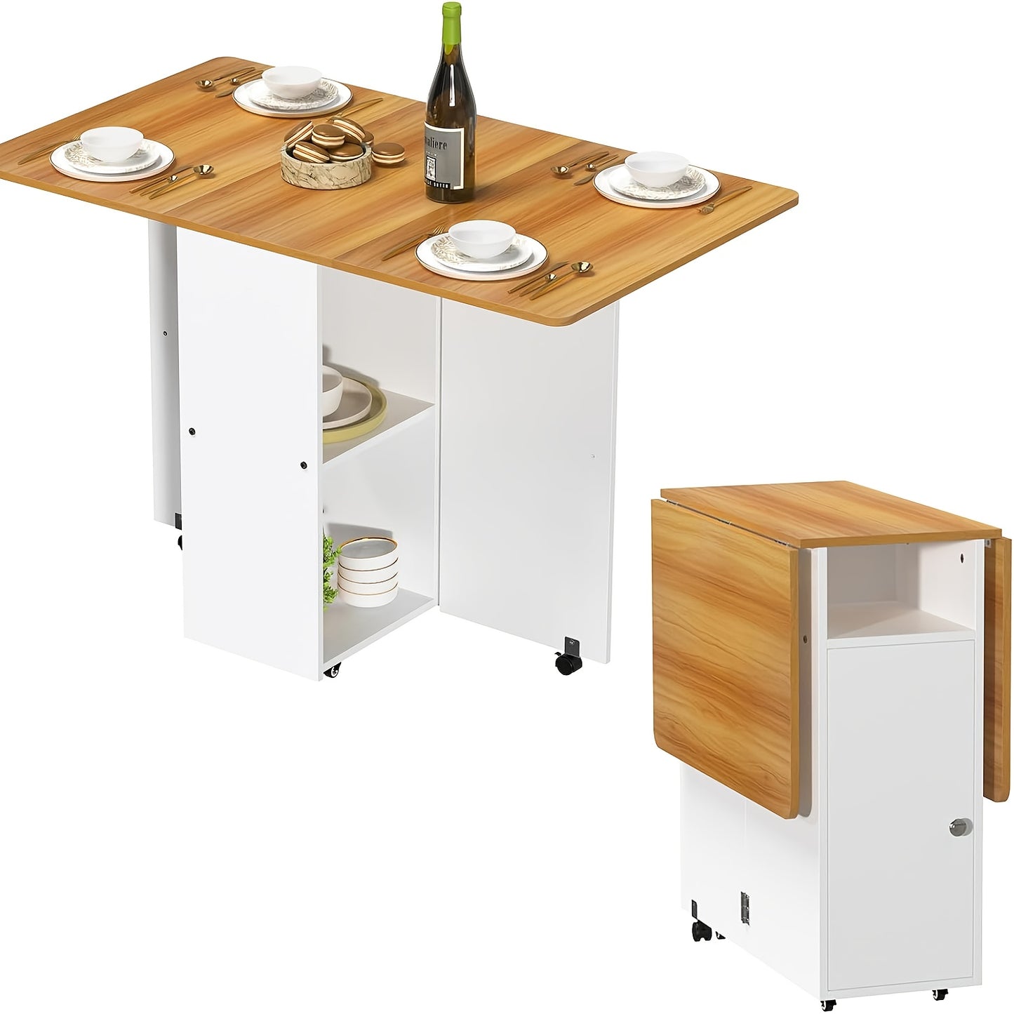 Inklapbare Eettafel – Opklapbare Tafel – Uitklapbare Tafel – Compacte Tafel – Verrijdbare Tafel – Met Wieltjes – Ruimtebesparend Ontwerp – Ingebouwde Opbergruimte – Wit Met Houten Accenten – 120x70x78 cm