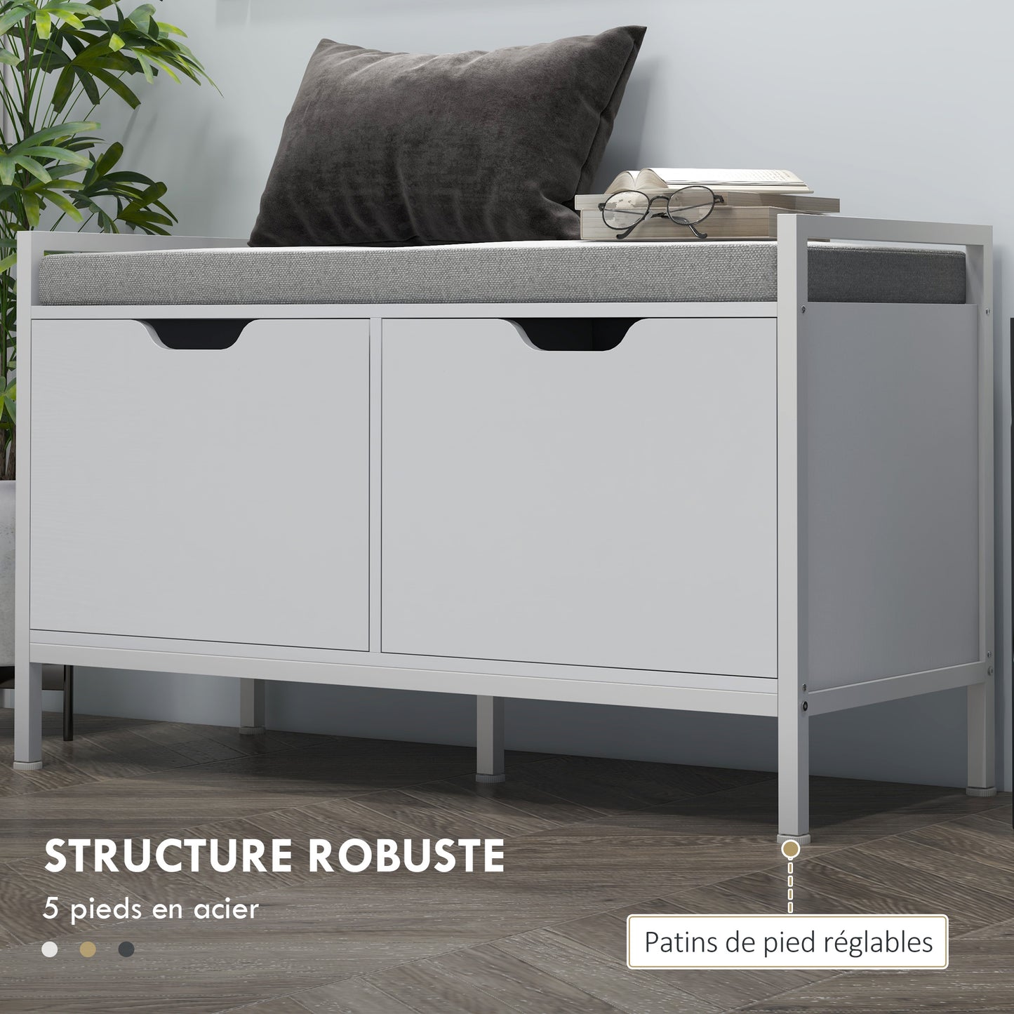 Schoenenkast – Schoenenbank – Schoenenrek – Opbergbank – Halmeubel – Wit – 2 Deuren – Comfortabel Zitkussen