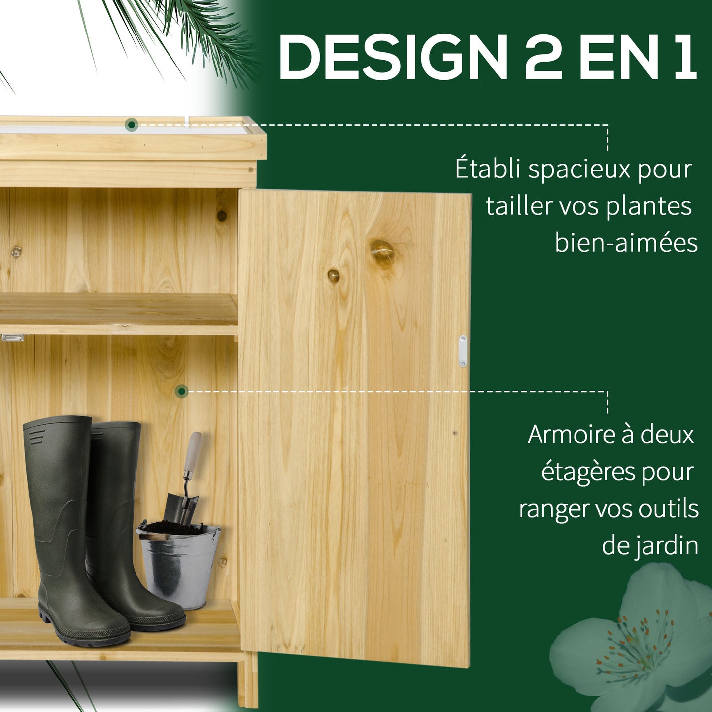 Tuinopbergkast – Tuinkast – Opslagkast – Tuinberging – Buitenberging – Verzinkt Metalen Bovenblad – Natuurlijke Houten Poten 80x45x92 cm