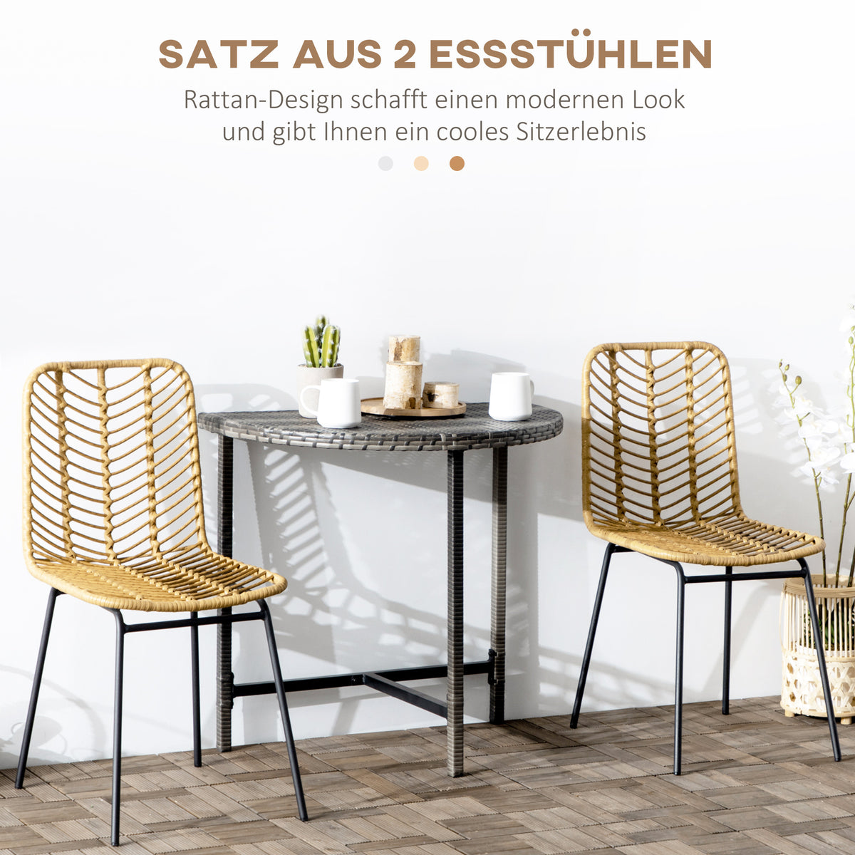 2-Piece Boho-Style Dining Chairs, Accent Chair, PE Rattan, 44 cm x 58 cm x 85 cm, Natural + Yellow
