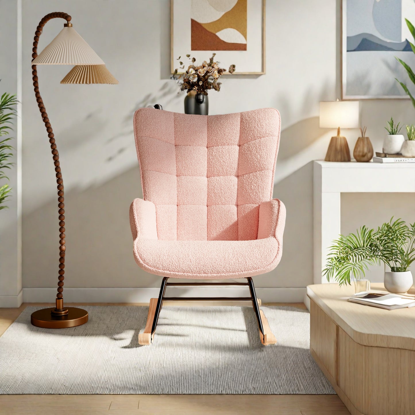 Schommelstoel – Schommelstoel Met Armleuning – Relaxstoel – Stoel Met Hoge Rugleuning – Teddy Bekleding Roze – Ergonomisch Design – Memory Foam Zitting