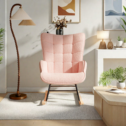 Schommelstoel – Schommelstoel Met Armleuning – Relaxstoel – Stoel Met Hoge Rugleuning – Teddy Bekleding Roze – Ergonomisch Design – Memory Foam Zitting