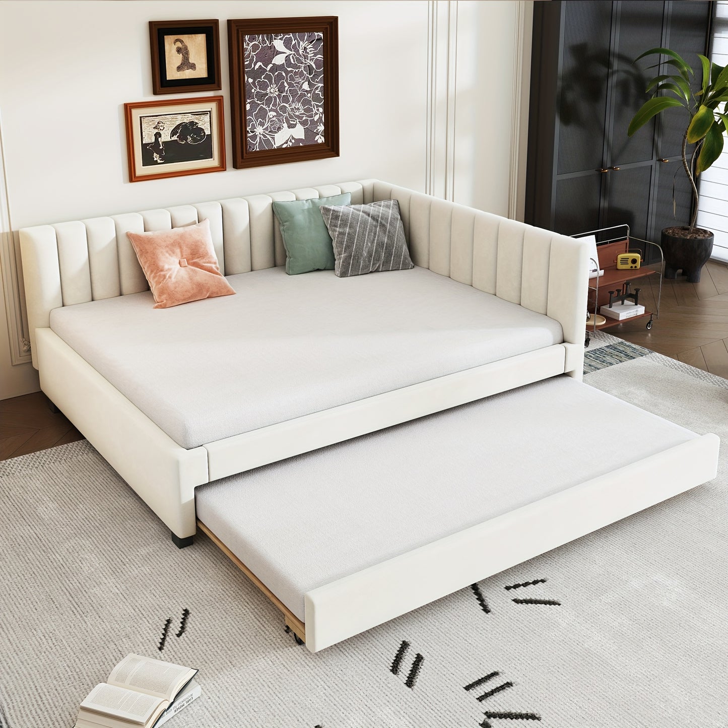 Gestoffeerd Bed 140x200 – Uittrekbaar Bed – Slaapbank – Multifunctioneel Bed – Logeerbed – Beige Fluweel – Lattenbodem – Ruimtebesparend