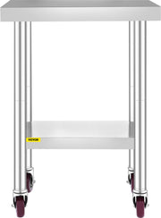 Commerciële Keukentafel - 2 Planken - Roestvrij Staal - 150kg Laadvermogen - Voedselbereidingstafel met Vier 360 Graden Roterende Wielen - Verstelbare Onderplank - 61 x 46 x 86 cm - Zilver