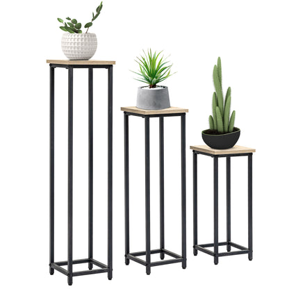 Plantenstandaards – Plantenhouders – Bloemstandaards – Plantenrekken – Naturel Houtlook – Stijlvol Industrieel Design – 3x Stapelbaar – Metalen Frame