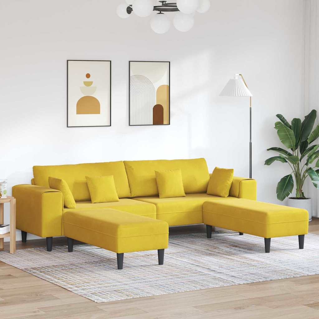 Velvet Bank – Fluwelen Sofa – Zitbank – Loungebank – Woonkamerbank – Gele Kleur – Inclusief Ottoman – Stevig Houten Frame
