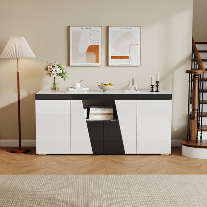 Modern Large Storage Cabinet with 3 Cabinets & 4 Doors - Angled Design Black & White Color Sideboard, Metal Frame Furniture Unit Suitable for Living Room, Entryway, Hallway - Space-Saving Vertical Shelving