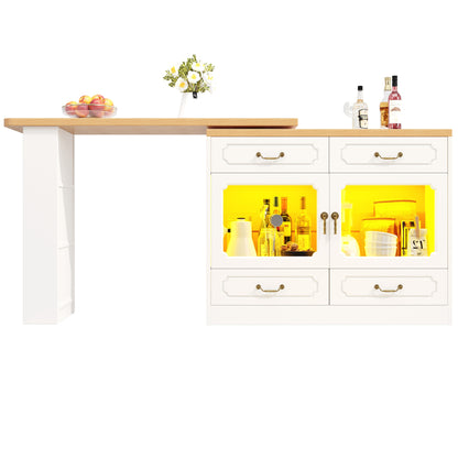 Uitschuifbare Bartafel – Barmeubel – Hoogtafel – Drinktafel – Bistrotafel – 360° Draaibaar Blad – Ruime Opbergruimte – Modern Wit Metaal & Glas – Compact & Verstelbaar 135-203 cm