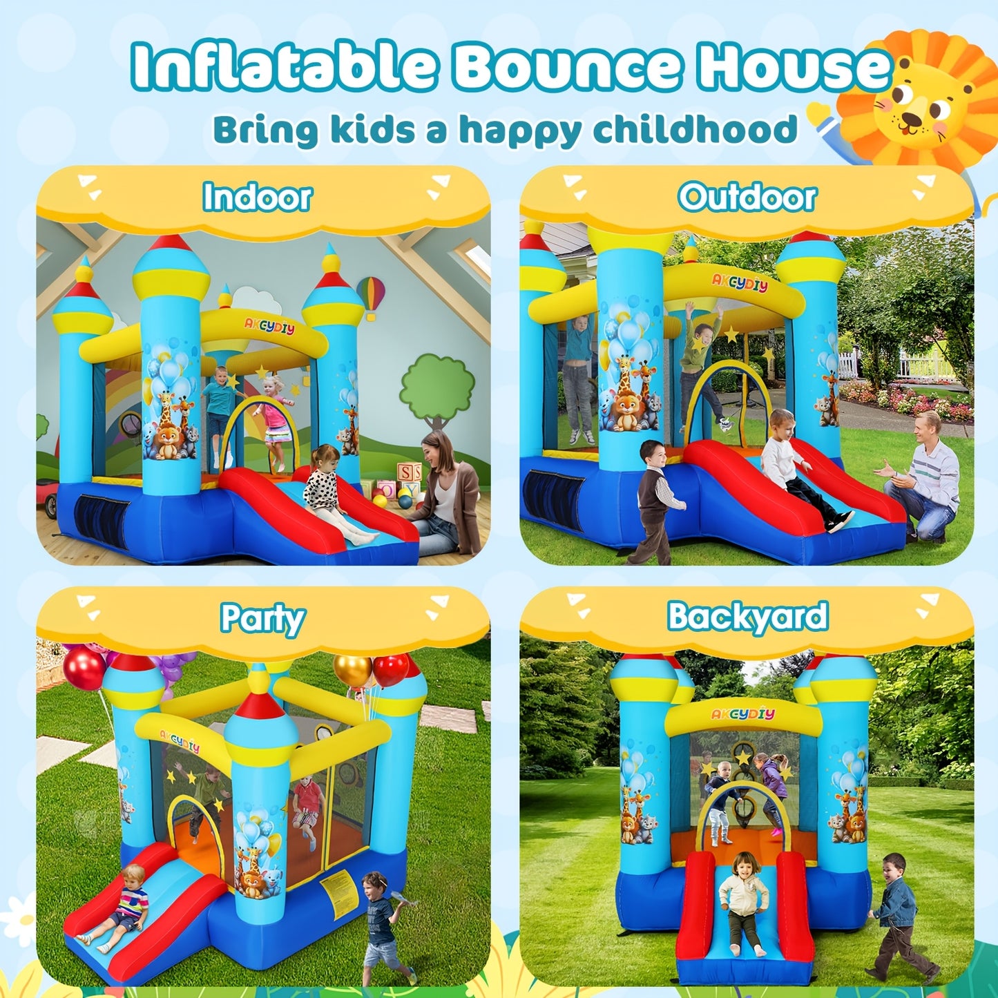 Springkussen met Glijbaan – Opblaasbaar Speeltoestel – Bouncymat – Jumping Castle – Speelkussen – Blauw – Duurzaam Polyester – Inclusief Blower en Haringen