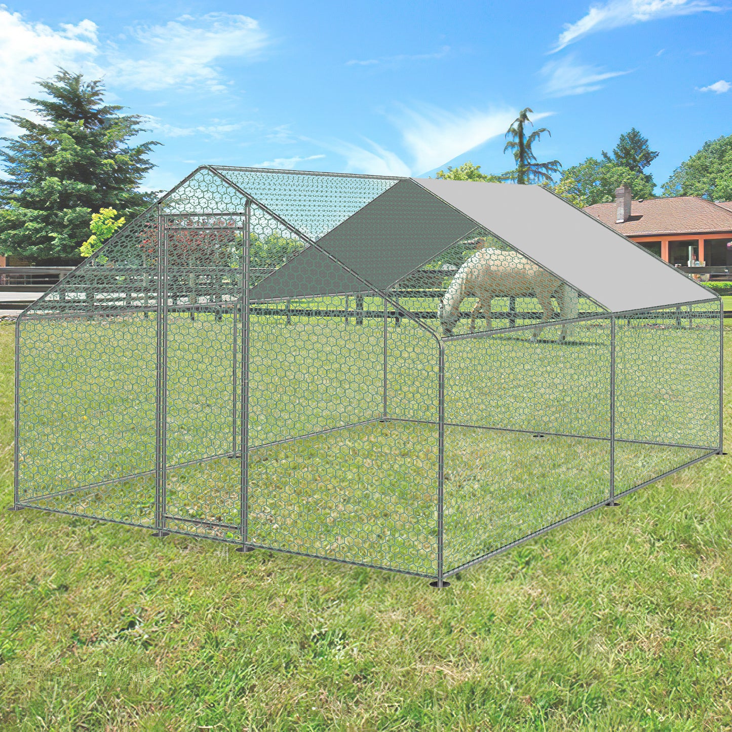 Chicken Coop Outdoor Enclosure with Waterproof PE Paint Cloth Plenty of Space for Chickens, Rabbits and Other Small Animals Roof With PVC-coated Sturdy Steel Frame Free Range Enclosure Triangular roof/dome Galvanised Steel Fr