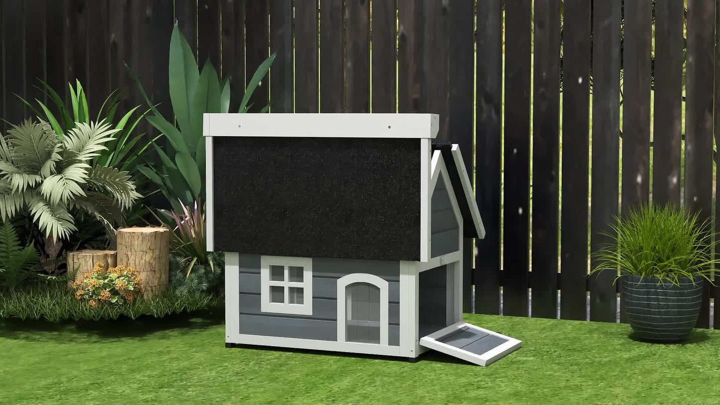 Houten Kattenhuis – Kattenhut – Kattenverblijf – Kattenhuisje – Dierenhuisje – Weerbestendig Bitumen Dak – 3 Toegangsdeuren – Grijs – 77x57,5x68 cm