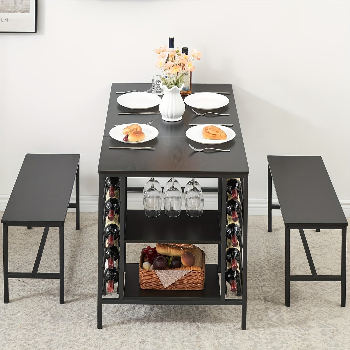 Eettafelset – Tafel en Banken – Keukentafel – Diningset – Compacte Eettafel – Ruimtebesparend Design – Ingebouwd Wijnrek en Opbergrek – Stevig Hardhout – Voor 4 Personen – Modern Zwart