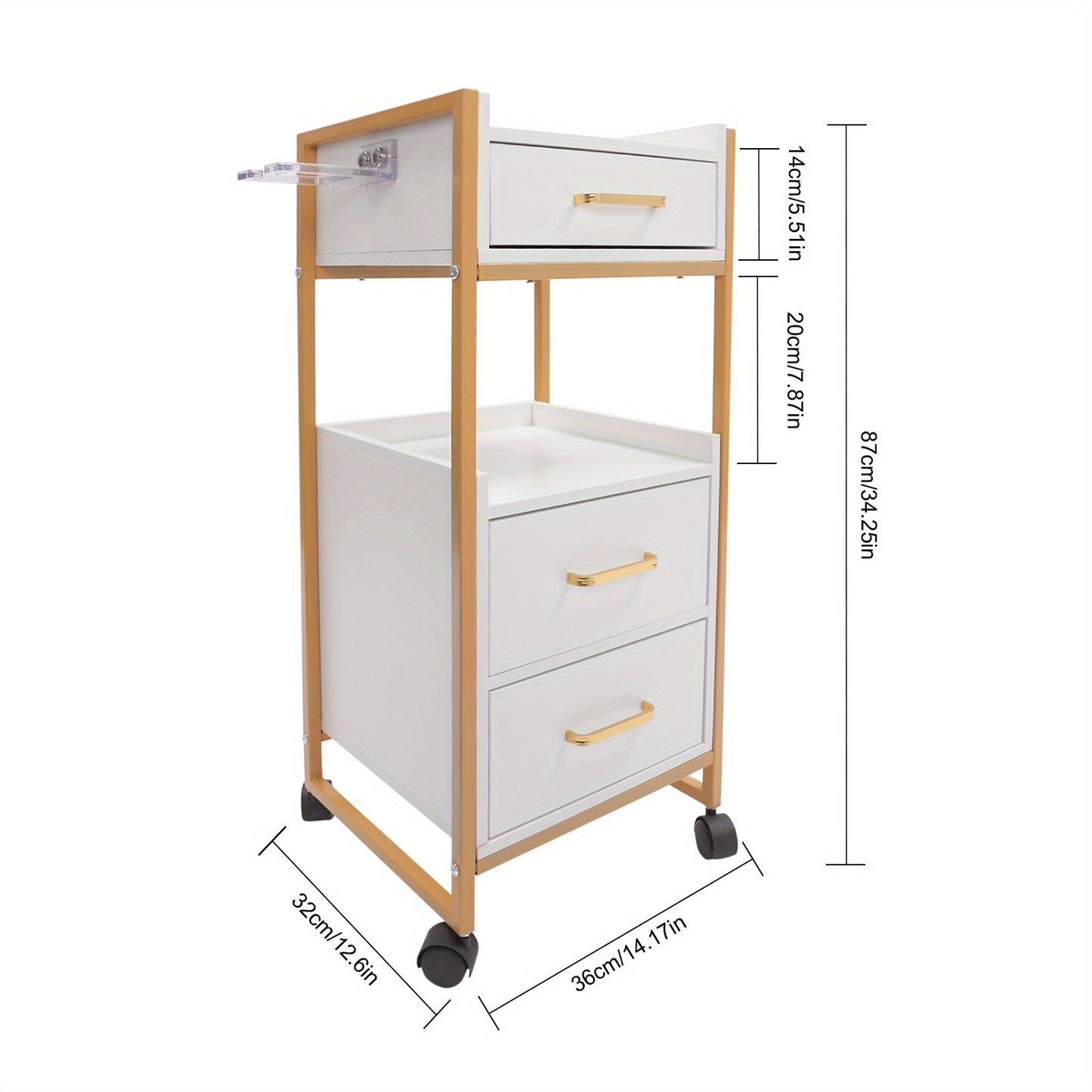 Kapperswagen – Kappers Trolley – Werkwagen – Kapperskar – Salonwagen – 3 Laden – 50 KG Draagvermogen – Met Haardrogerhouder – Mobiel en Compact – Wit met Gouden Frame