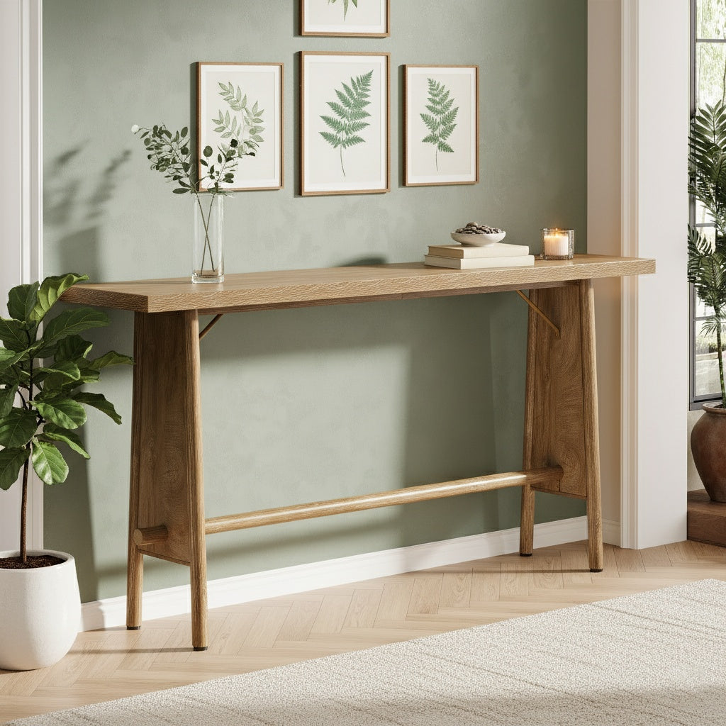 Sidetable – Consoletafel – Wandtafel – Haltafel – Bijzettafel – Extra Lang 160 cm – Metalen Stevige Poten – Ruimtebesparend Smal Design – Natuurlijke Bruine Afwerking