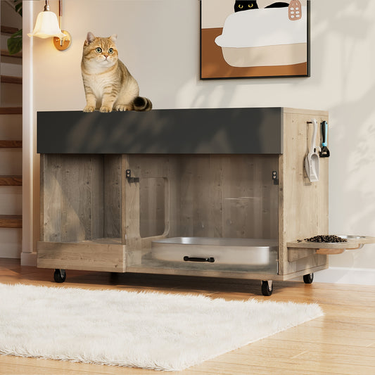 Portable Cat Litter Cabinet with Cat Food Tray & Odor-Control System - 4-Wheel Mobile Storage Unit, Perforated Plate & Sand Collection Tray, Space-Saving Design for Cats (Compatible with Litter Boxes, Litter Box Not Included)