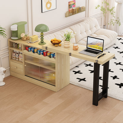 Extendable Folding Dining Table with Storage - Space-Saving Modern Design, 360° Rotating Tabletop, Large Storage Compartment & Sturdy Metal Frame - Natural Wood-Like Finish & Black Expandable Table for Small Spaces, Apartmen
