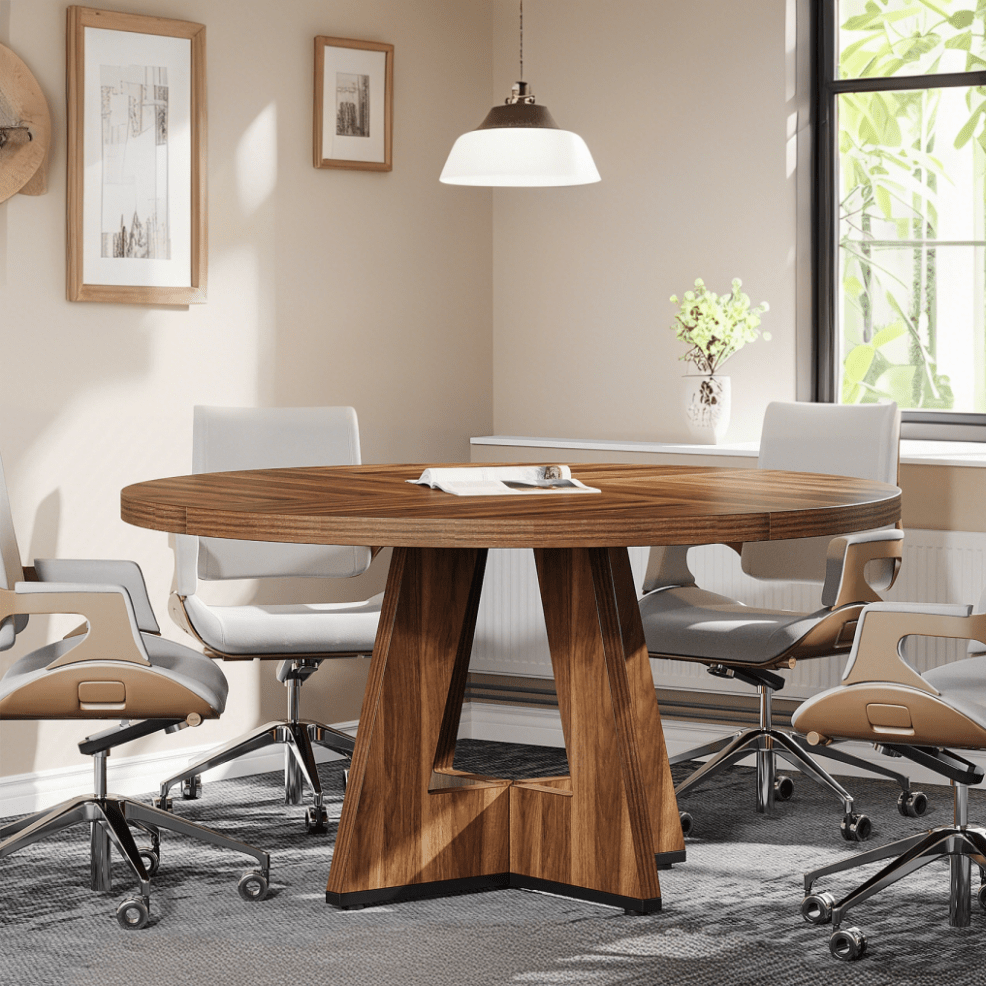 1pc Extra Large 47-Inch Round Dining Table - Farmhouse Modern design with Brown, Easy Assembly, Sturdy Base for Dining Room, Living Room, for home Office - Seats 4 Adults, Space-Saving Round Kitchen Table for Small Spaces