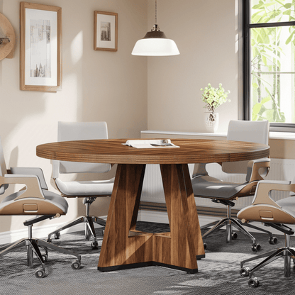1pc Extra Large 47-Inch Round Dining Table - Farmhouse Modern design with Brown, Easy Assembly, Sturdy Base for Dining Room, Living Room, for home Office - Seats 4 Adults, Space-Saving Round Kitchen Table for Small Spaces