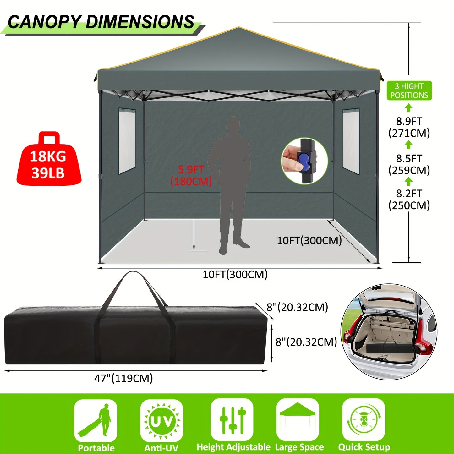 Pop-up Tent – Partytent – Vouwtent – Kiosk – Klaptent – Khaki – 3,05x3,05 meter – Verstelbare Hoogte Met Stevig Metalen Frame