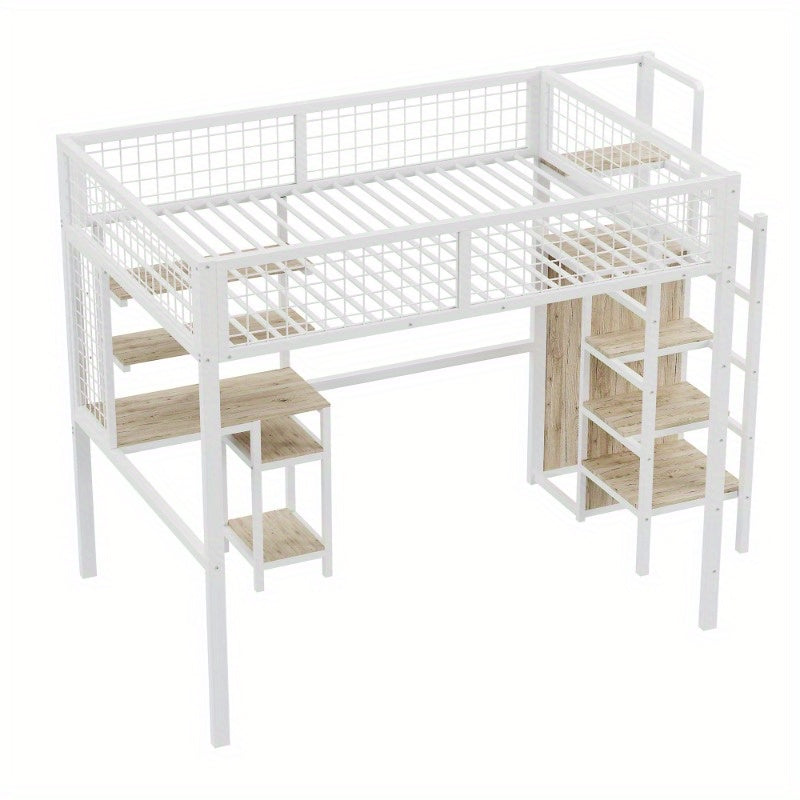 Hochslaper 140x200 – Hoogslaper – Halfhoogslaper – Stapelbed – Kinderbed – Met Veiligheidsrail – Met Metalen Frame – Inclusief Kledingkast en Bureau – Wit – Compact en Ruimtelijk