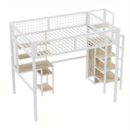 Hochslaper 140x200 – Hoogslaper – Halfhoogslaper – Stapelbed – Kinderbed – Met Veiligheidsrail – Met Metalen Frame – Inclusief Kledingkast en Bureau – Wit – Compact en Ruimtelijk
