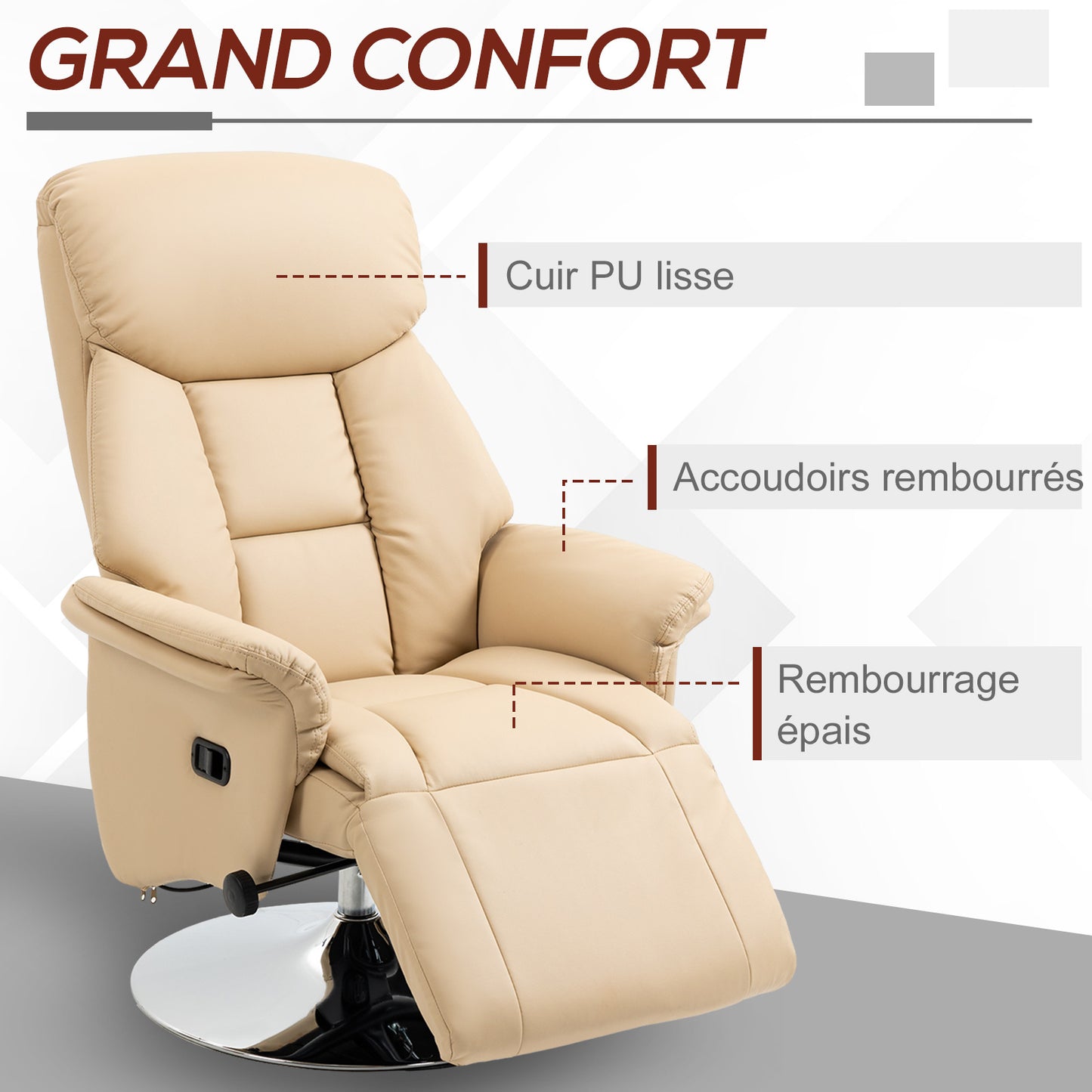 Draaifauteuil – Relaxfauteuil – Loungestoel – Verstelbare Stoel – Beige – 360° Draaibaar – Verstelbare Voetensteun Met PU Kunstleer