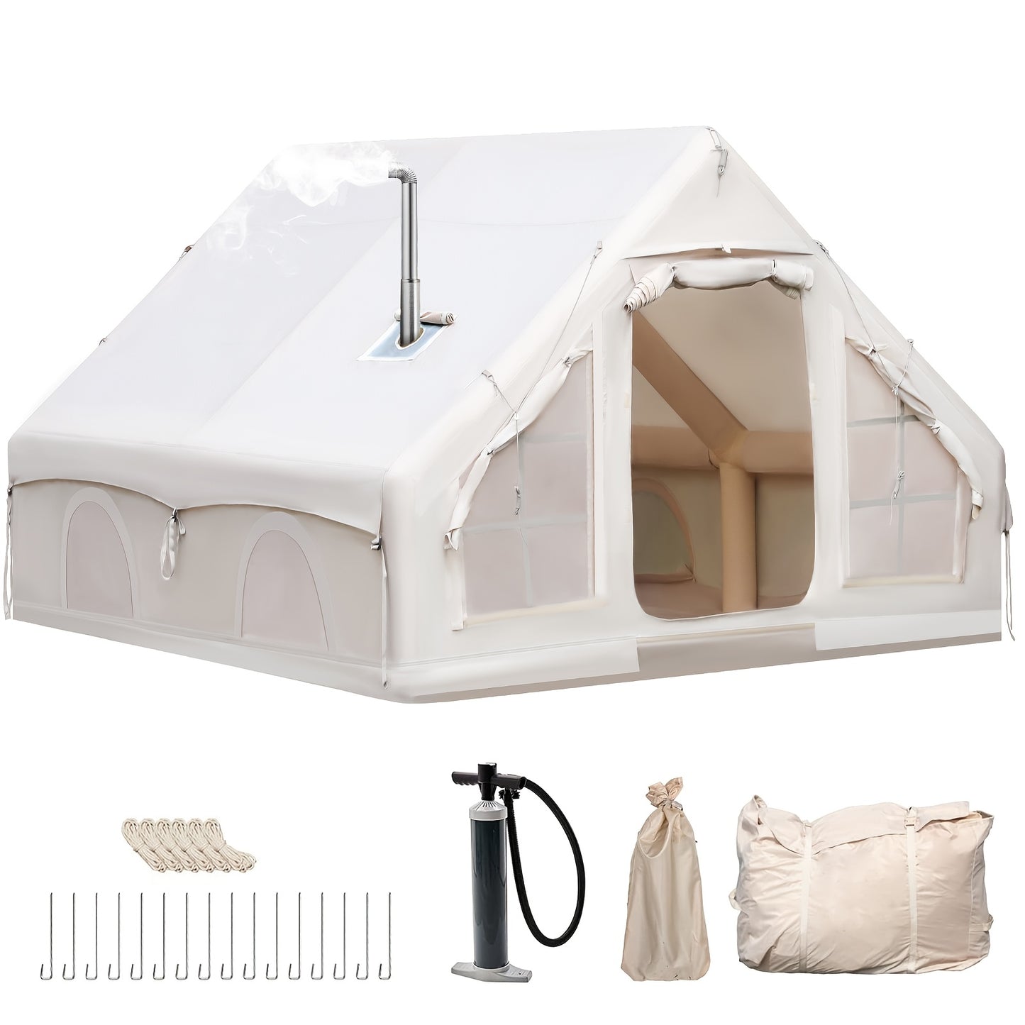 Tent – Kampeertent – Familietent – Feesttent – Opblaasbare Tent – 10 Personen – Waterdicht Oxford Stof – Snel Opzetten Met Schoorsteen & Dakraam