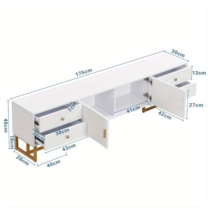Low TV Cabinet with Structured Door TV Furniture with Drawers Golden Handles and Golden Feet