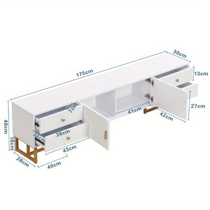 Low TV Cabinet with Structured Door TV Furniture with Drawers Golden Handles and Golden Feet