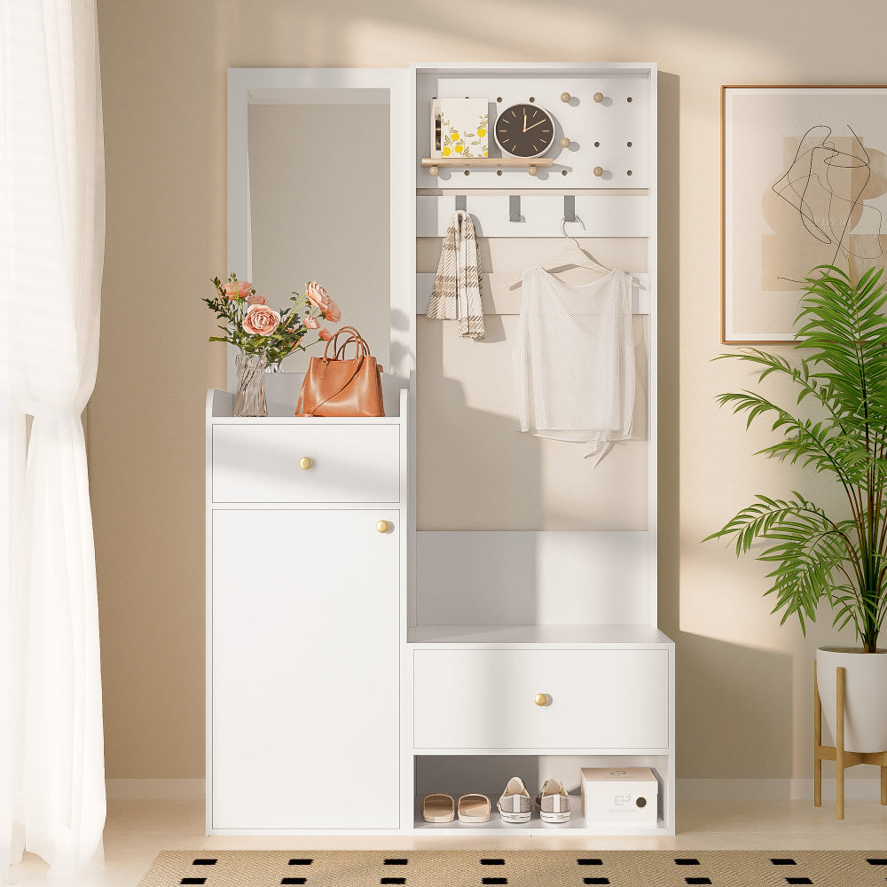 Kledingkast – Garderobekast – Opbergkast – Kleerkast – Garderobe – Compact Wit – Met Spiegeldeur – Met Verstelbare Planken en 2 Lades – Ruimtebesparend Met Stevig Metalen Frame